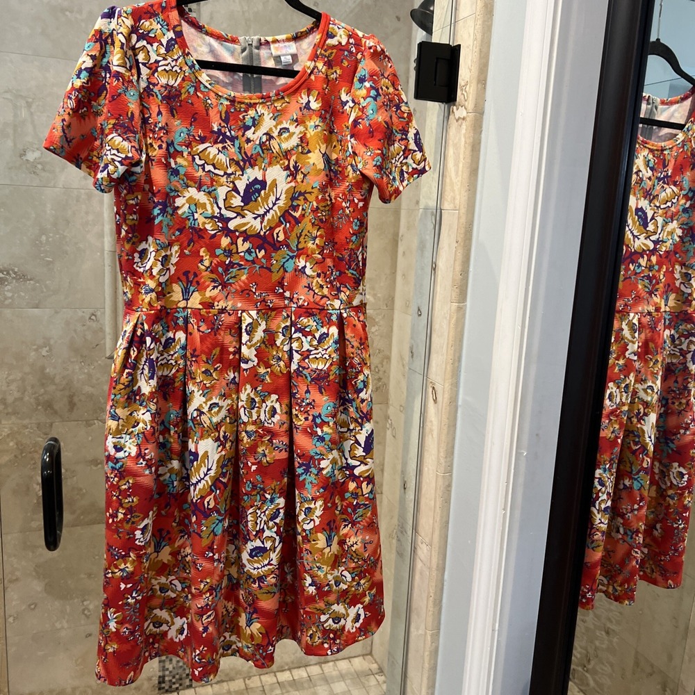 LuLaRoe Amelia Retro Floral Daisy Pockets Exposed Zipper Dress XL